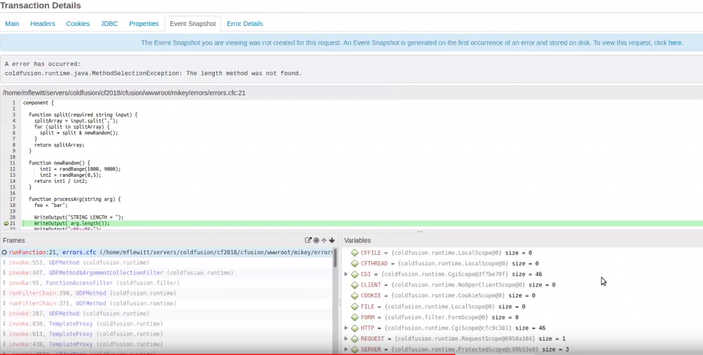 FusionReactor 8.3 - event snapshot view