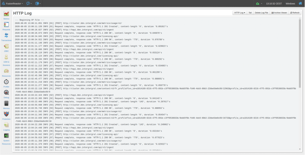 FusionReactor live logs